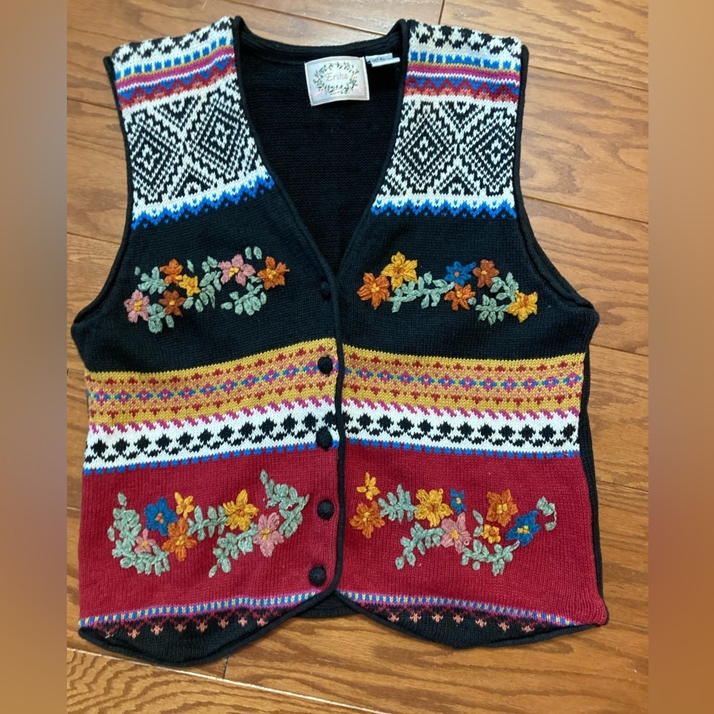 Vintage Knit Crocet Floral Embroidered Teacher Vest Coastal Granny Y2K BLK MED